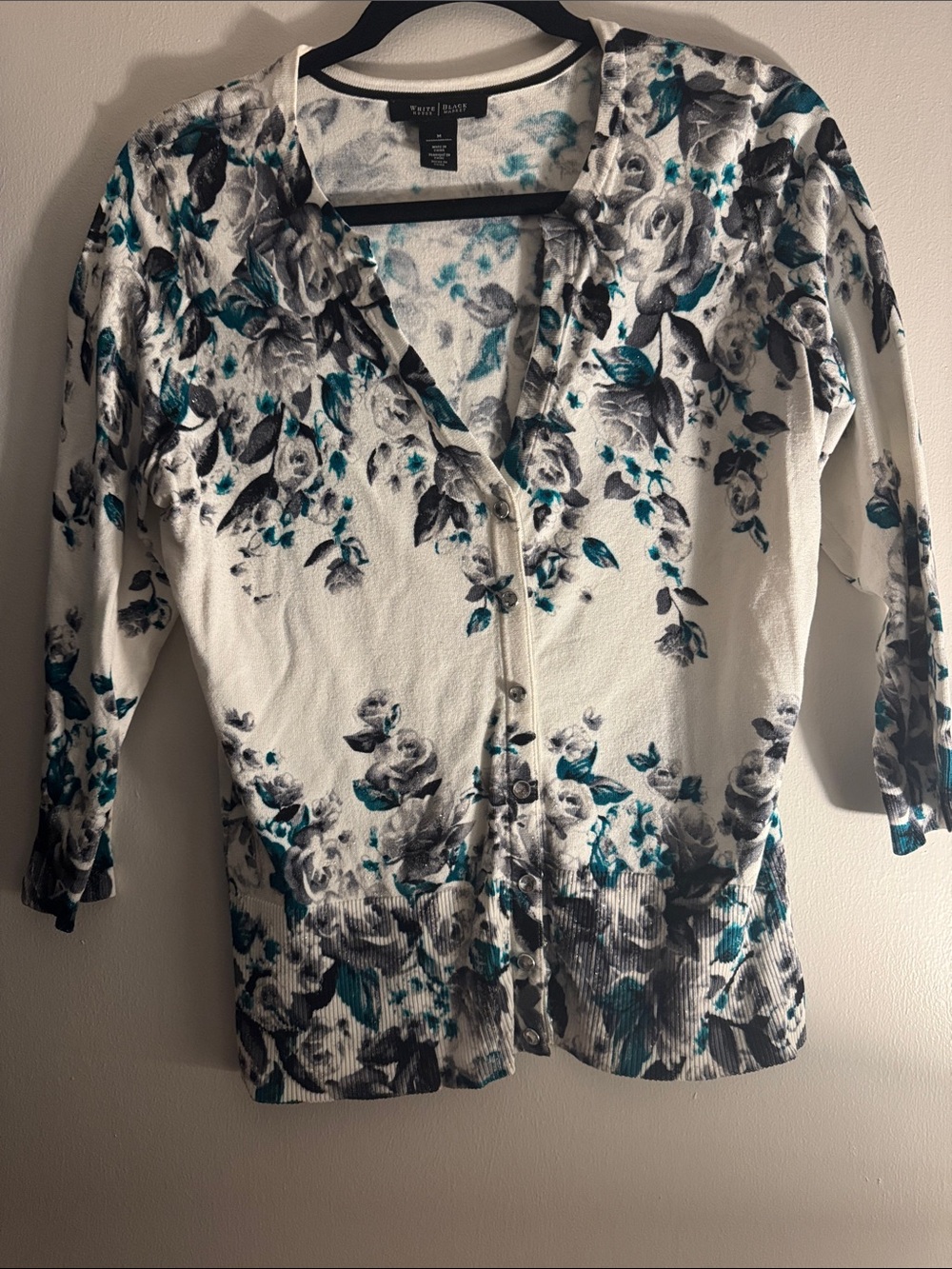 White House Black Market White Cardigan with Teal and Gray Floral Motif